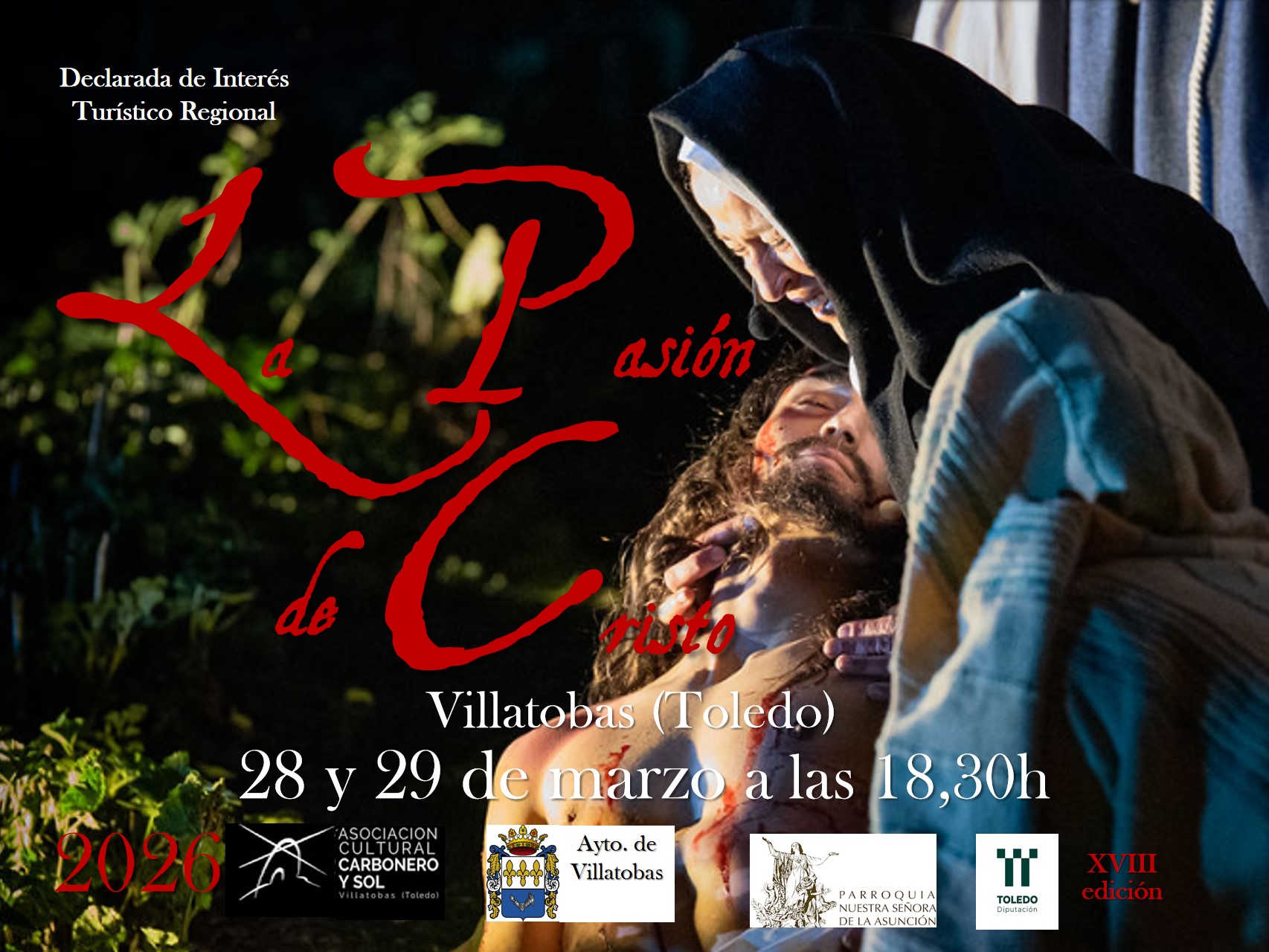 Cartel de la Pasión de Villatobas de 2026, con María sosteniendo a Jesús y los logos de sus entidades.